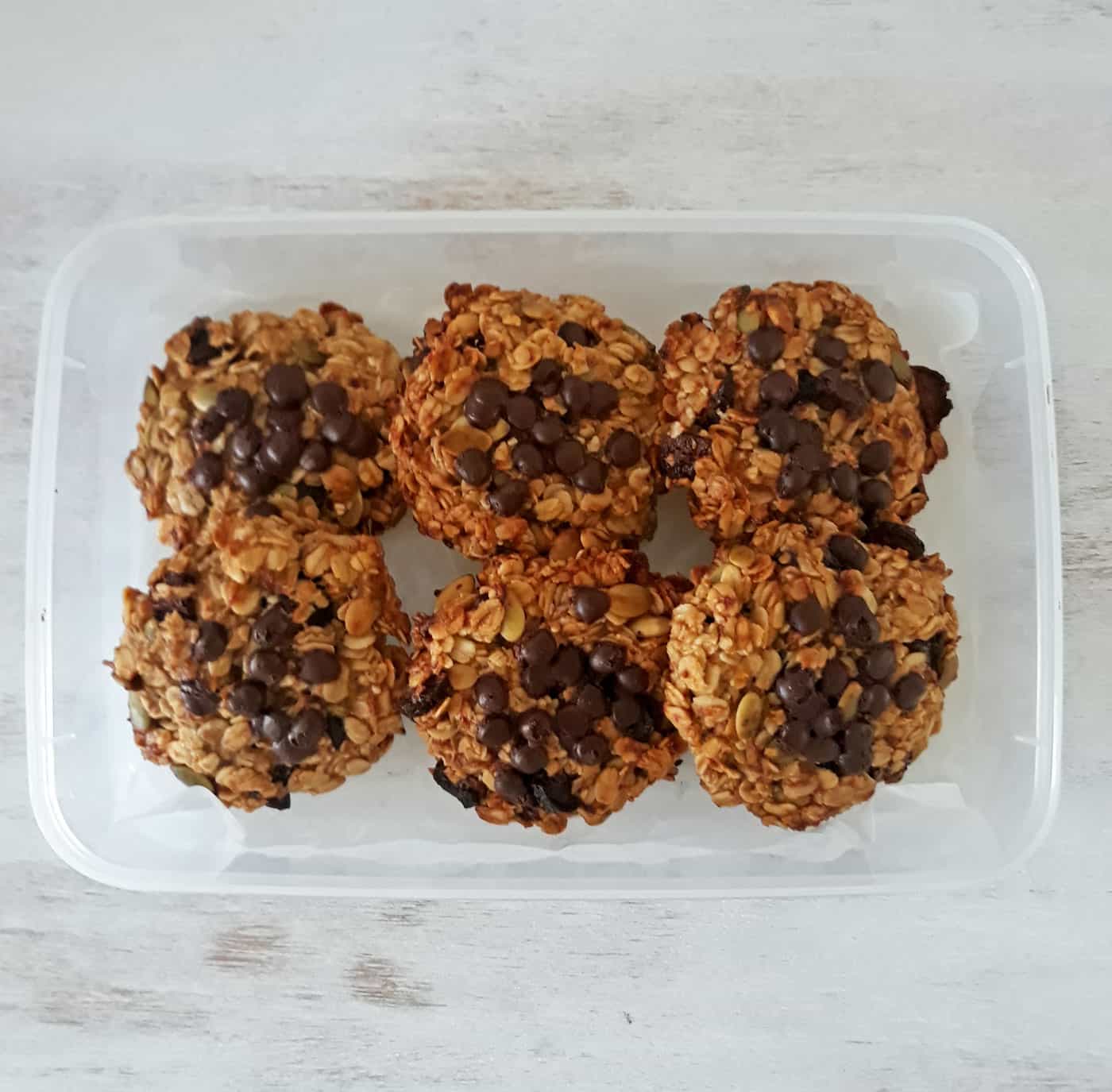 galletas de avena sin azúcar en un contenedor plástico para llevar al congelador