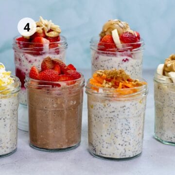 Frascos individuales con diferentes sabores de overnight oats como chocolate, zanahoria, y frutas, ideales para desayunos saludables y prácticos.
