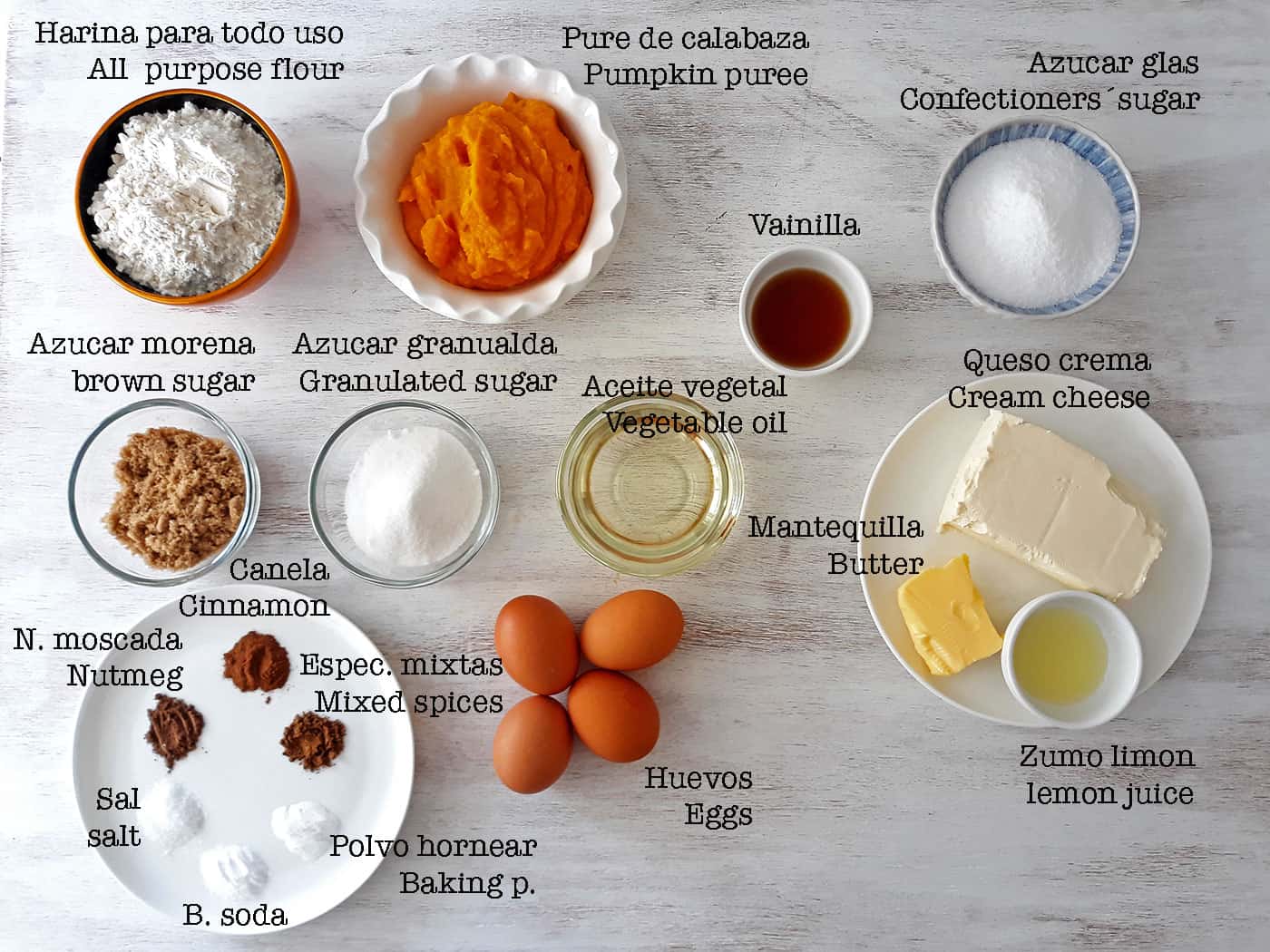 ingredientes para receta de bizcocho de calabaza y glaseado de queso crema