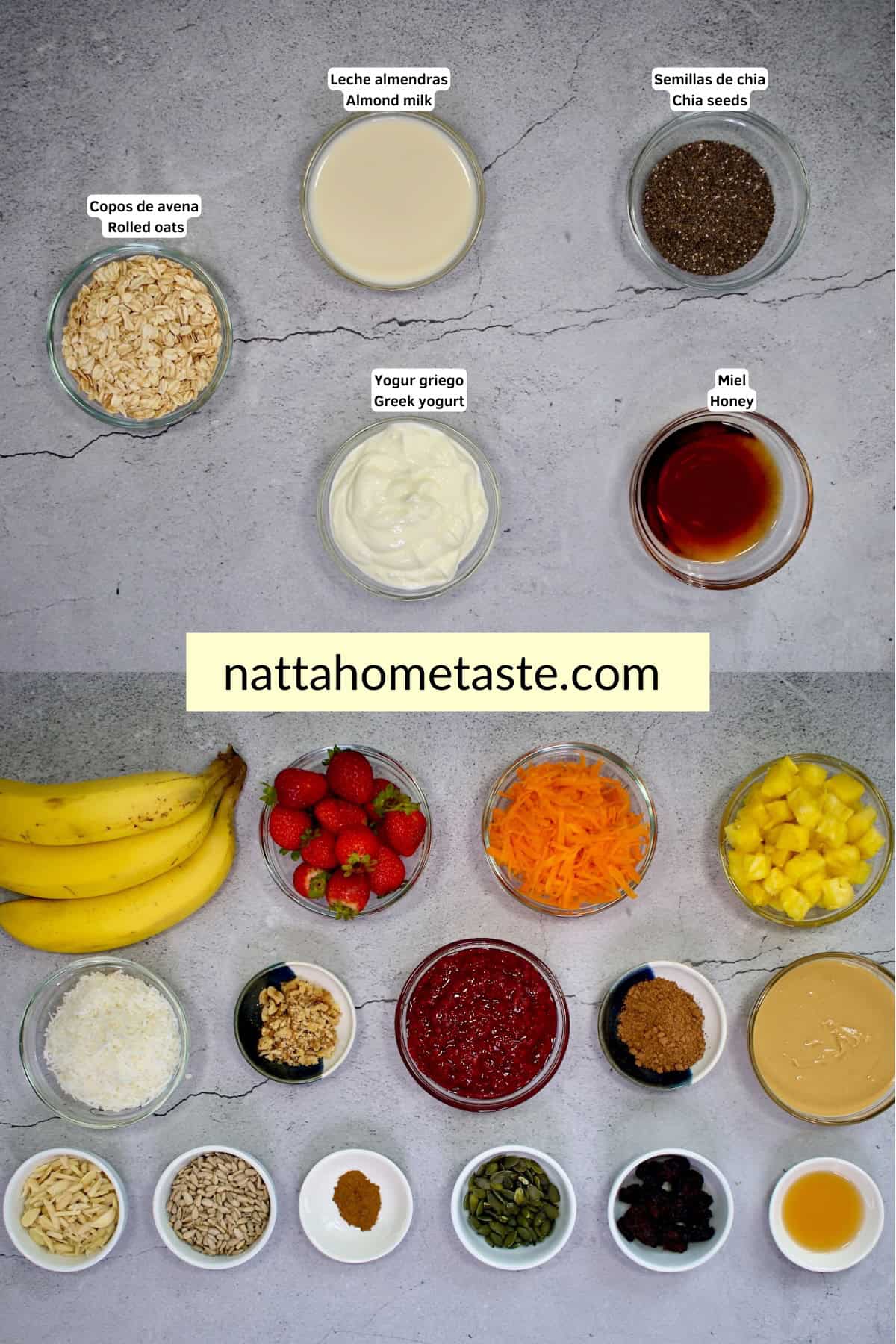Ingredientes principales para overnight oats como leche de almendras, avena, yogur griego, chía y miel, junto a frutas, semillas y complementos para toppings.