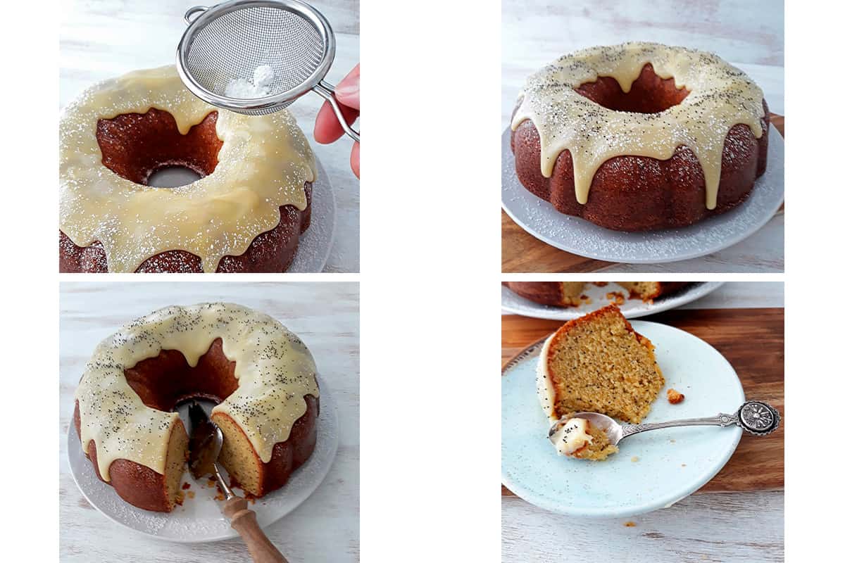 decorando pastel de naranja con salsa de chocolate blanco