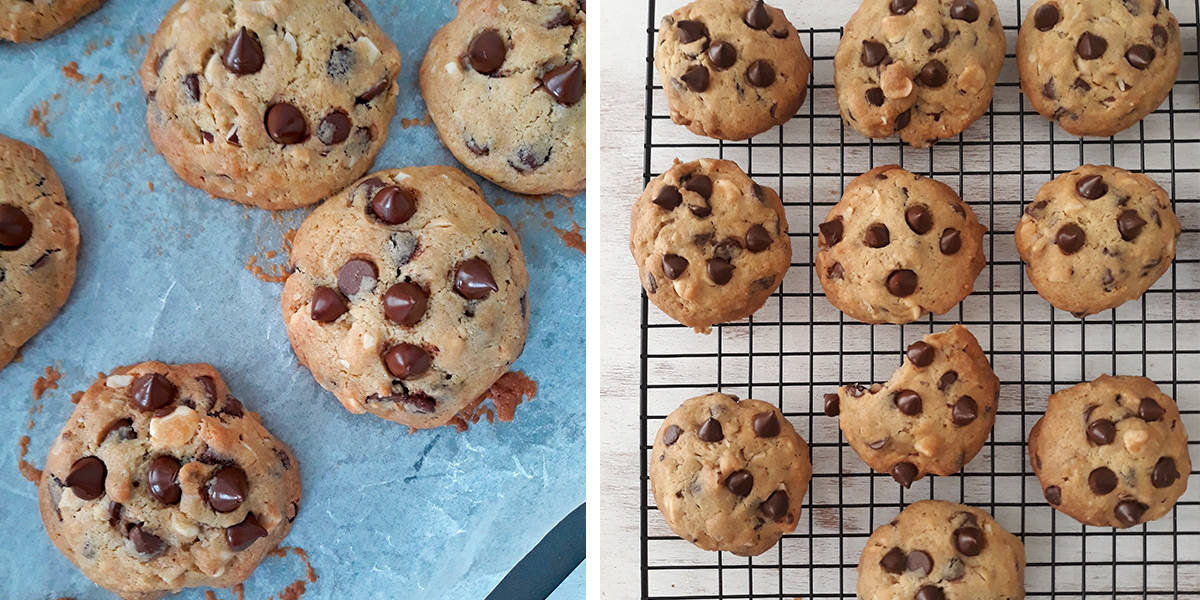 galletas con chispas de chocolate saliendo del horno