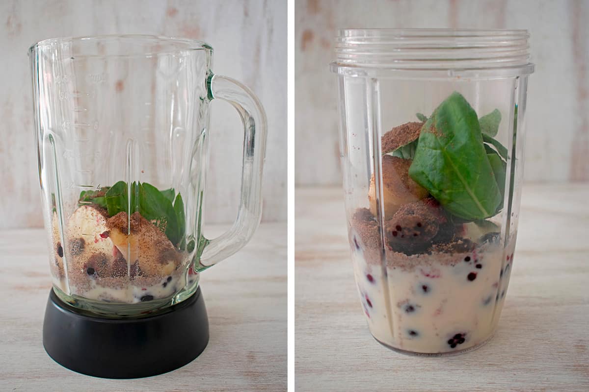 fresas y arándanos congelados, linaza, espinacas y leche de almendras en una licuadora y una NutriBullet 