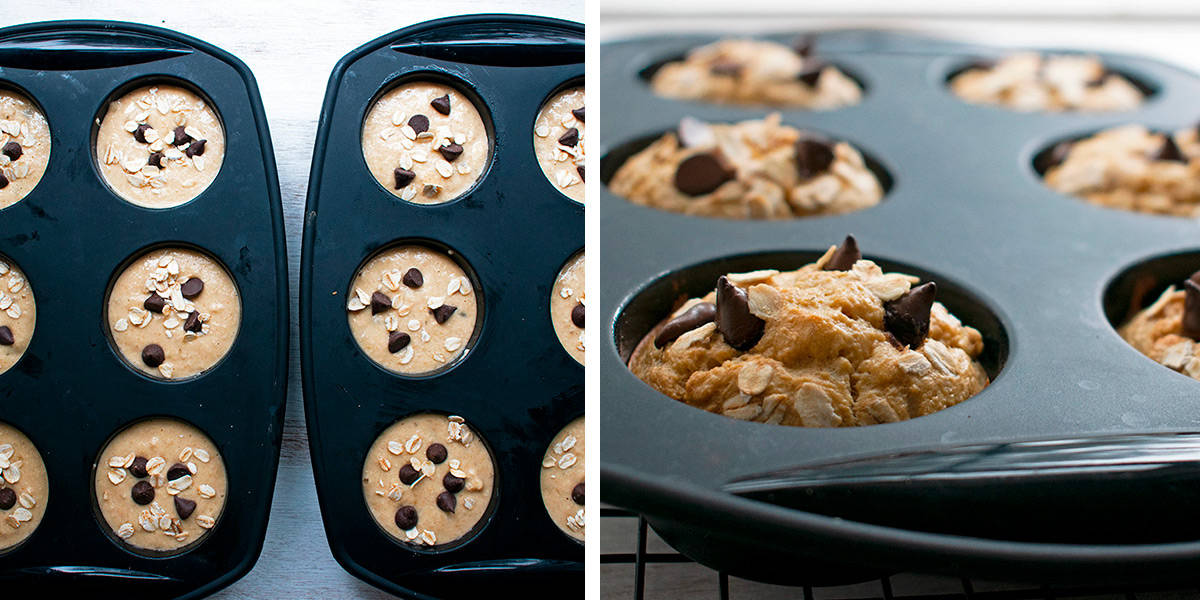 muffins de banana en moldes de silicona listos para hornear