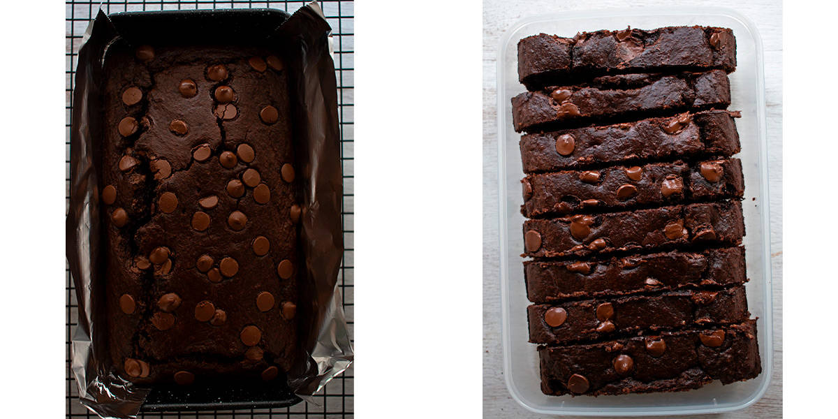 pan de banana y chocolate saludable en porciones  