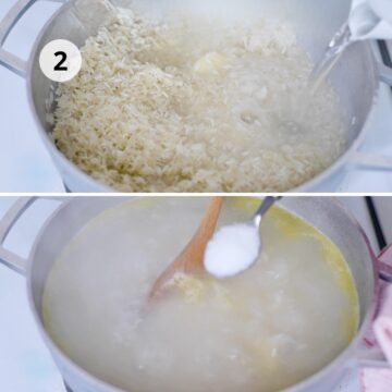 Paso de agregar agua hirviendo al arroz en la olla: en la primera imagen, el agua caliente se vierte sobre el arroz; en la segunda, una cuchara con sal se añade a la mezcla.