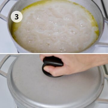 Arroz en plena cocción dentro de la olla: en la primera imagen, el agua burbujea mientras el arroz hierve sin tapa; en la segunda, una mano cubre la olla con una tapa negra.
