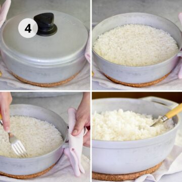 Último paso de la cocción del arroz: en la primera imagen, la olla tapada en reposo; en la segunda, el arroz cocido dentro de la olla; en la tercera, una mano usando un tenedor para esponjar el arroz y separar los granos.