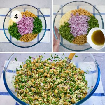 Tazón transparente con una ensalada de garbanzos y lentejas. Imagen desde arriba.