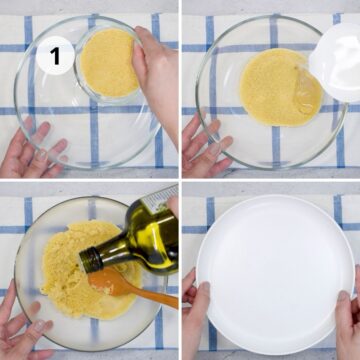 tazón transparente con cuscús seco y aceite de oliva 