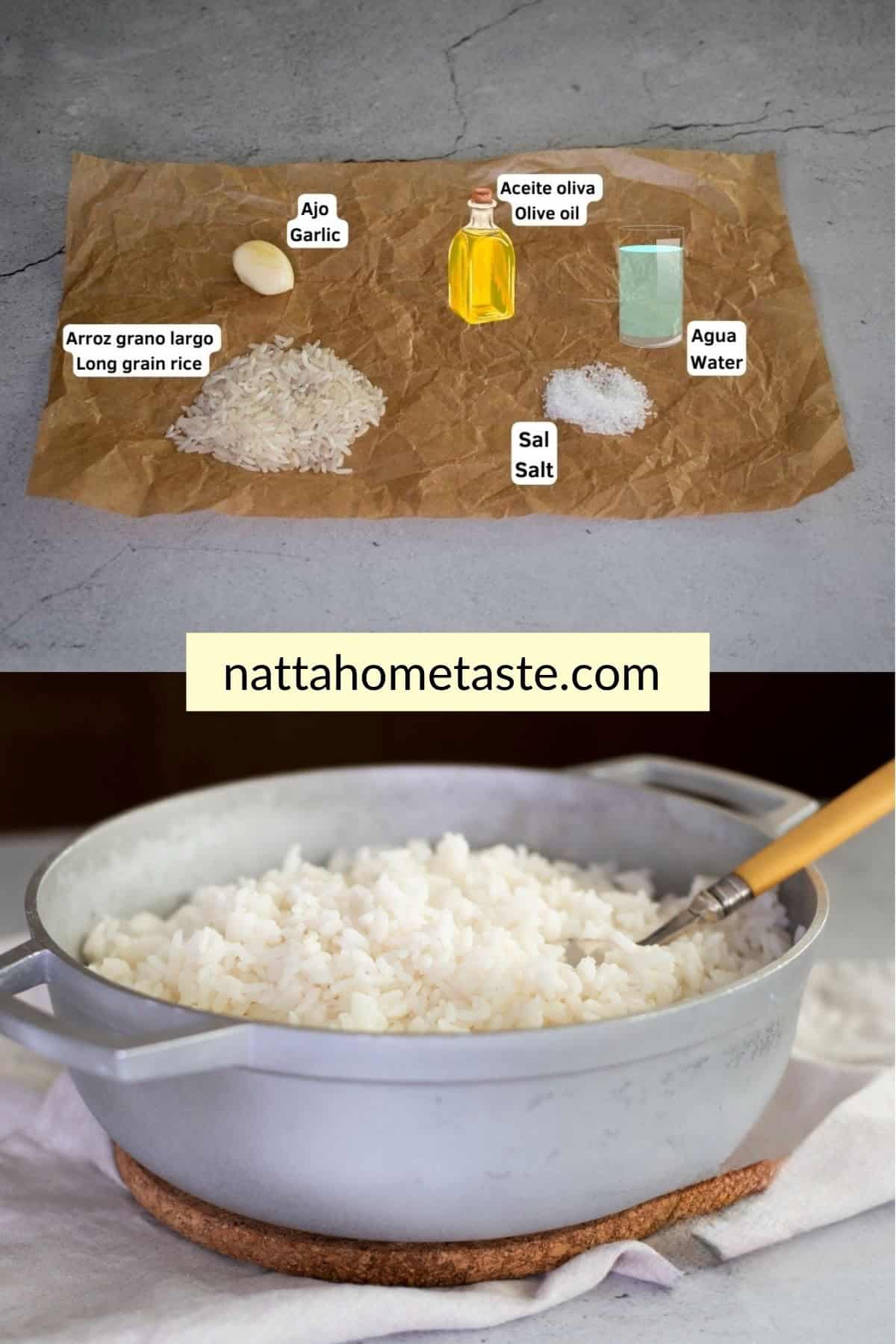Ingredientes para cocinar arroz blanco dispuestos sobre papel marrón: un diente de ajo, un pequeño montón de arroz de grano largo crudo, un frasco de aceite de oliva, una pizca de sal y un vaso de agua. Cada ingrediente tiene una etiqueta en español e inglés.