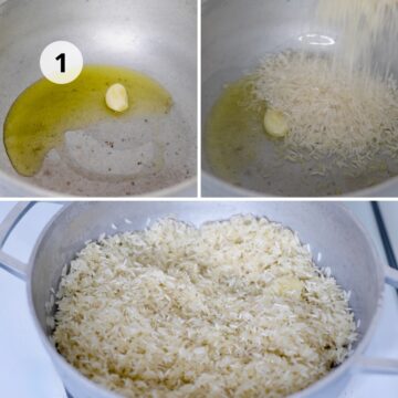 Proceso inicial de preparación del arroz: en la primera imagen, un diente de ajo en aceite caliente dentro de una olla; en la segunda, el arroz crudo cayendo en la olla; y en la tercera, el arroz sofrito comenzando a dorarse.