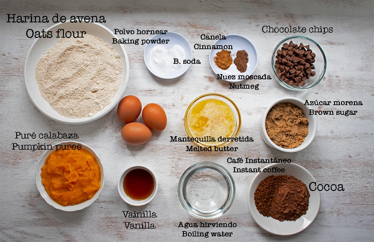 ingredientes para preparar brownies de chocolate y calabaza