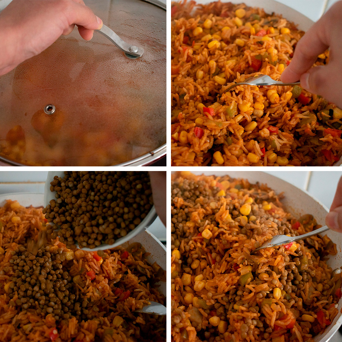 preparación de arroz con maíz y lentejas paso a paso