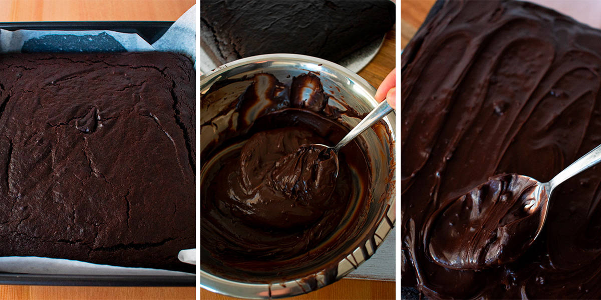Glaseando pastel de chocolate después de dejar enfriar por completo.