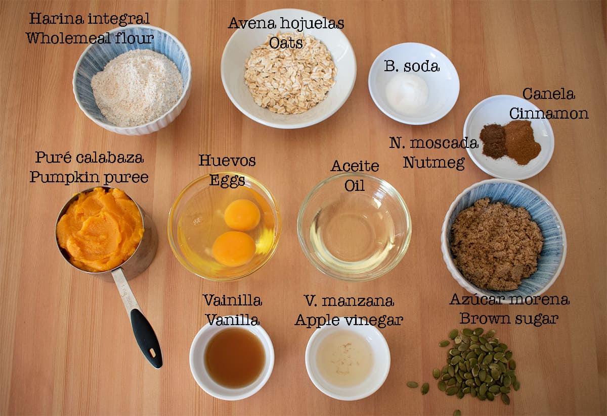 ingredientes para preparar muffins de calabaza y avena