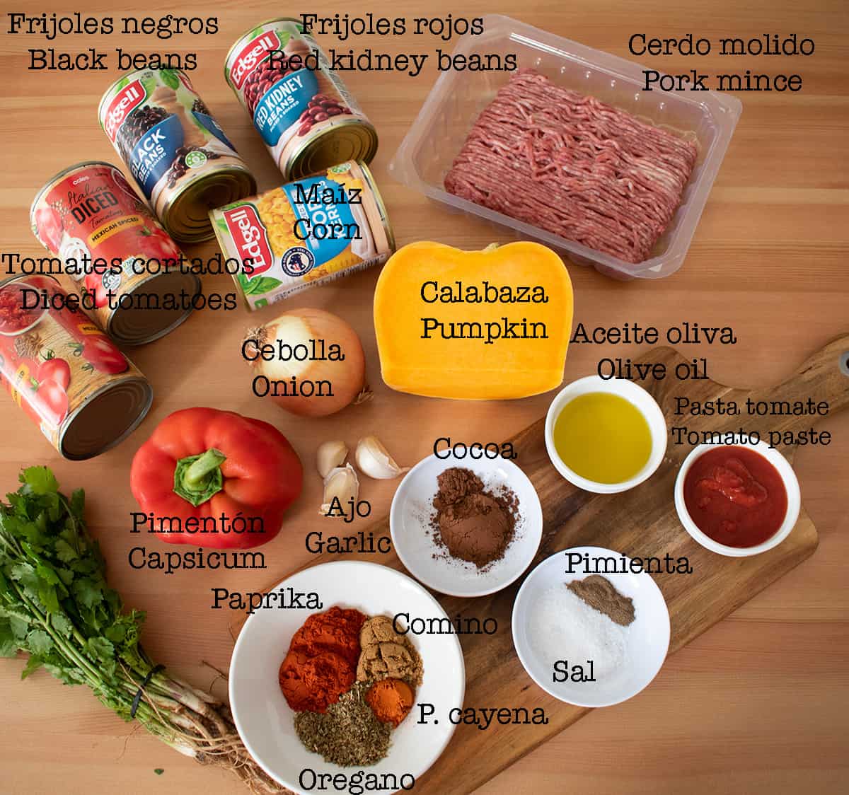 ingredientes necesarios para preparar una receta casera de chili con carne