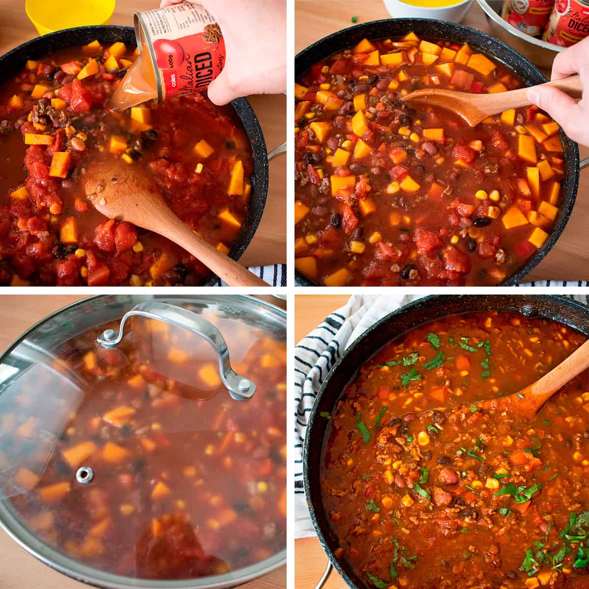 proceso paso a paso para preparar chili con carne y frijoles