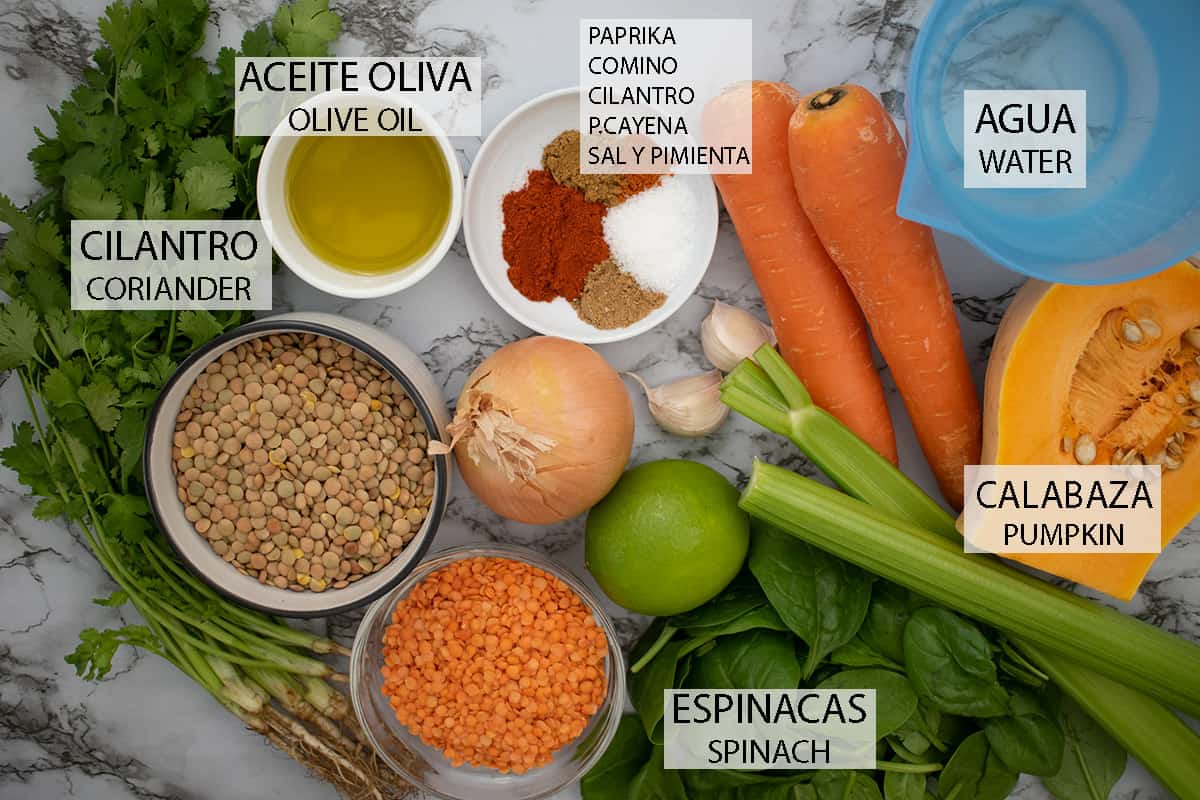 ingredientes necesarios  para preparar sopa de lentejas y verduras