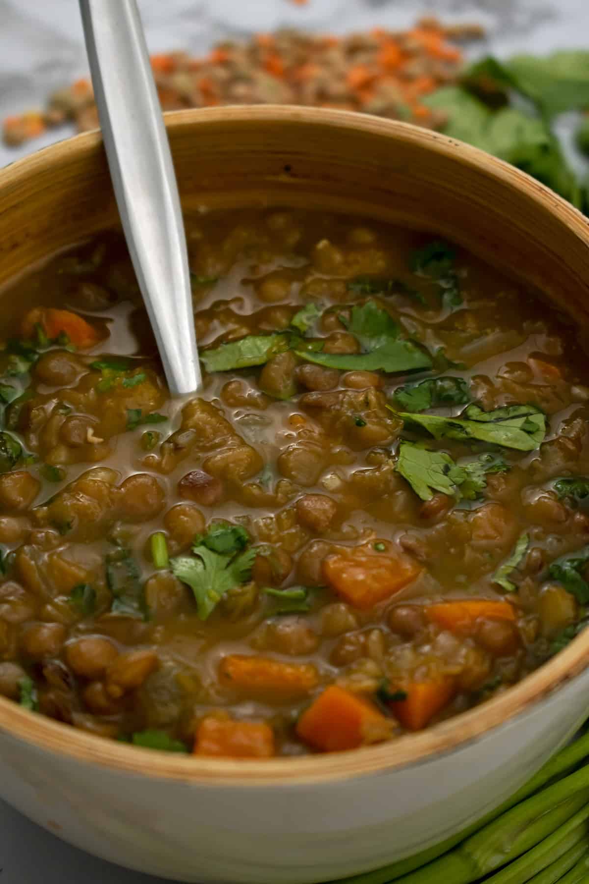 sopa de lentejas servida en un bol con una cuchara plateada