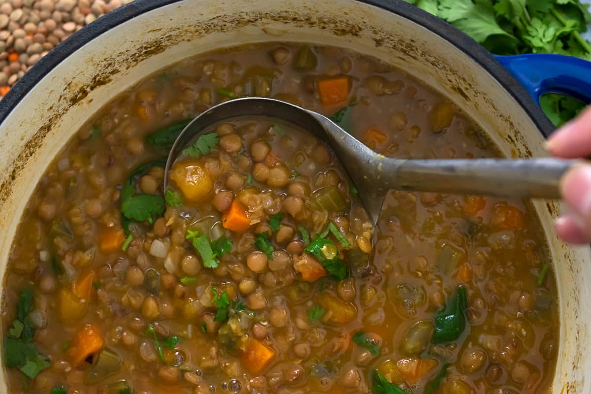 sopa de lentejas y verduras acaba de hacer.