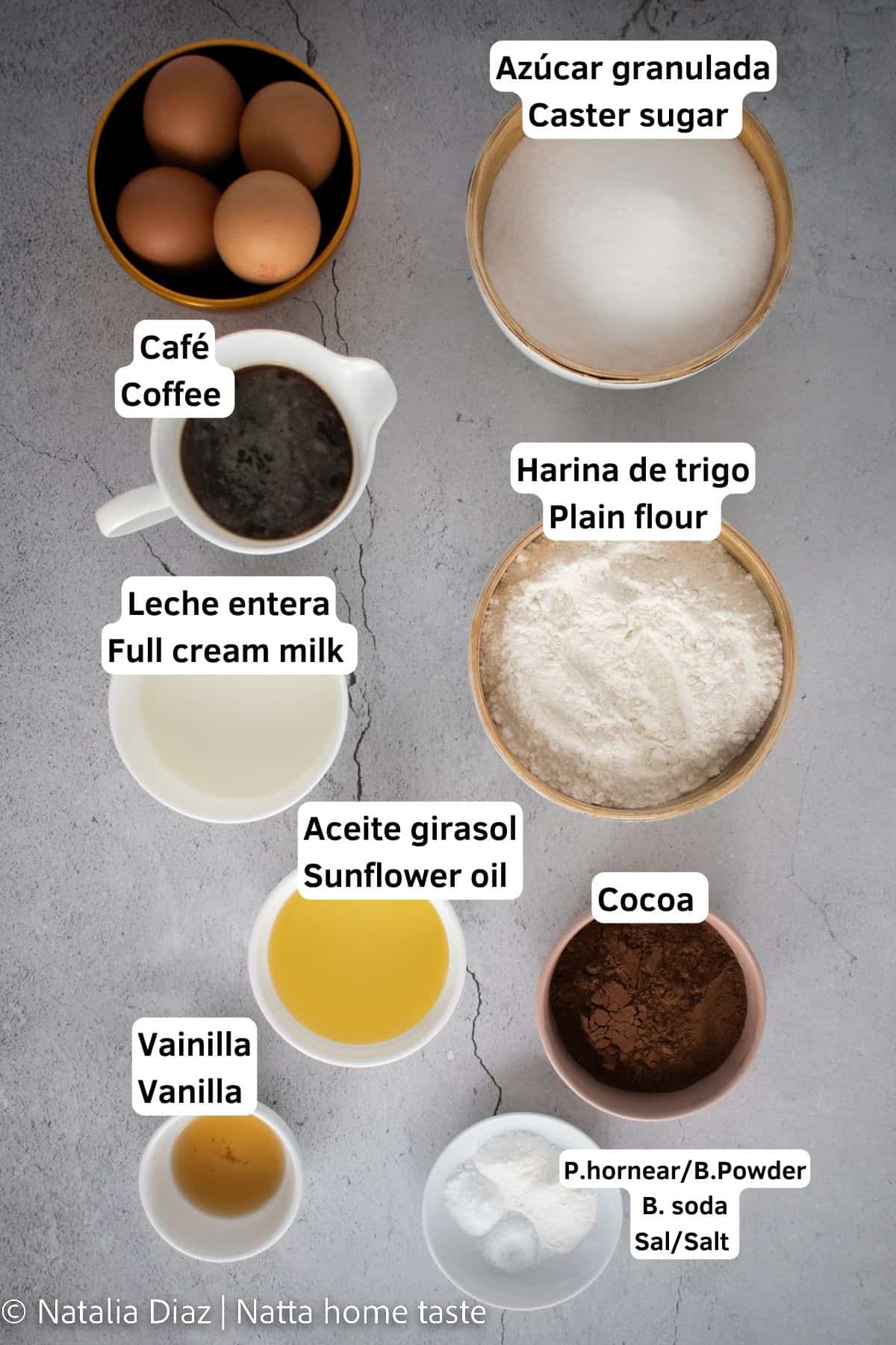 Ingredientes para preparar un pastel. los ingredientes están en diferentes contenedores sobre una mesa de piedra gris. Huevos, azúcar, café caliente, harina de trigo, leche de vaca, aceite de girasol, cocoa, extracto de vainilla, polvo de hornear, bicarbonato de soda y sal.