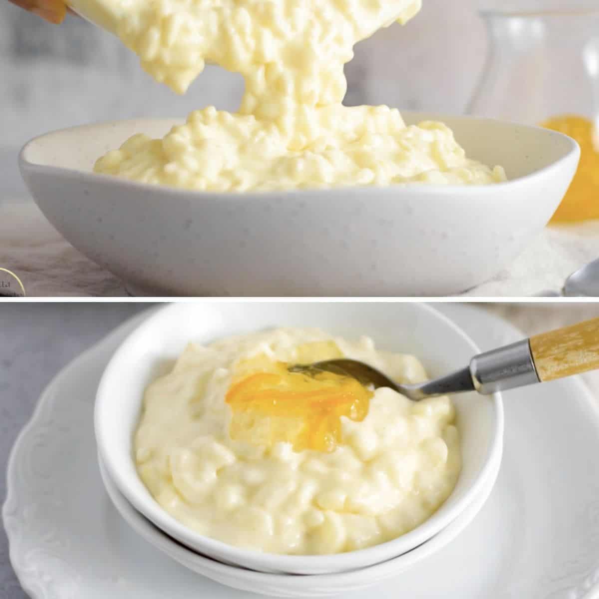 Arroz con leche servido en un tazón blanco.