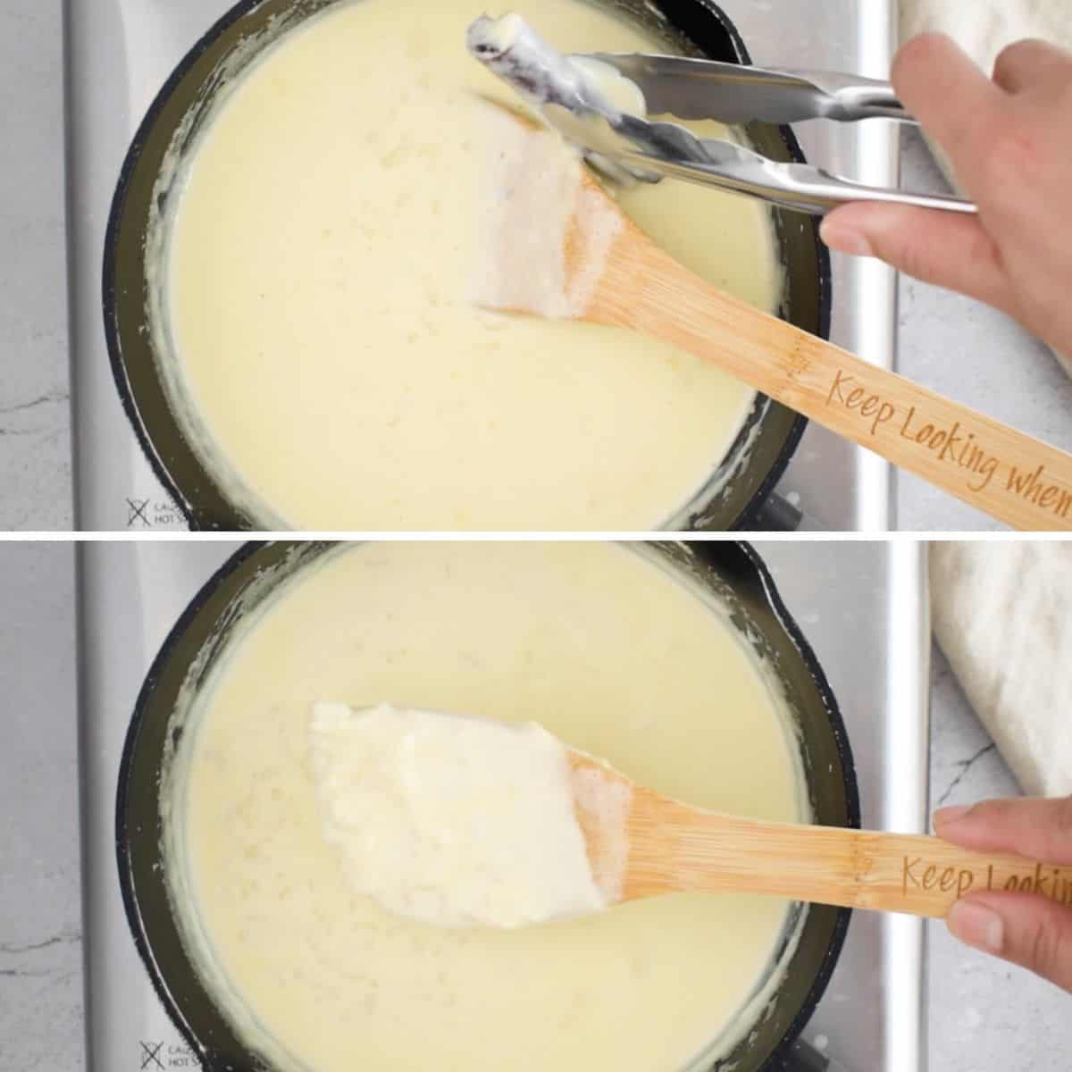 una olla negra con leche y alguien revolviendo con una cuchara de madera.