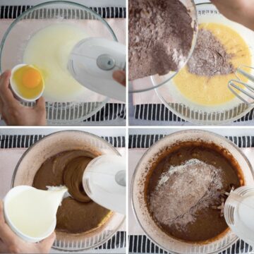 Receta paso a paso para preparar un bizcocho de chocolate en capas. Un tazón transparente donde se hace la mezcla de azúcar, aceite y luego se agregan huevos. luego se incorpora una mezcla de harina con cocoa intercalada con leche.