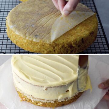 Pastel de zanahoria enfriándosela sobre una rejilla. Una torta de zanahoria siendo decorada con glaseado de queso crema.