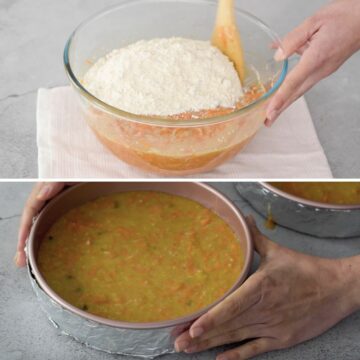 Un bol transparente con una mezcla de ingredientes secos y húmedos con una cuchara de madera. un molde redondo con mezcla de torta de zanahoria lista para llevar al horno.