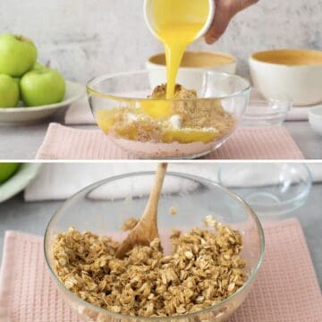 una mezcla de harina, copos de avena, azúcar y mantequilla formando un crumble, algo parecido a la arena mojada.