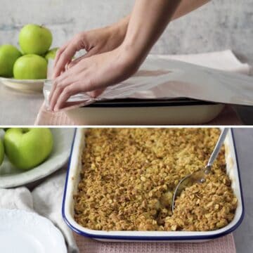 Bandeja con crumble de manzanas acabado de salir del horno.