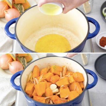 Trozos de zapallo, cebolla en julianas y dientes de ajo cocinándose en aceite de oliva en una olla grande