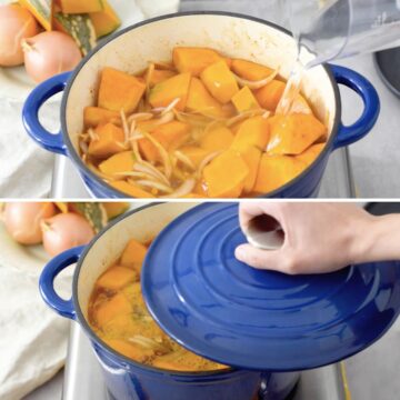 Trozos de auyama, cebolla en julianas y dientes de ajo cubiertos de agua y caldo de verduras cocinándose hasta hervir.
