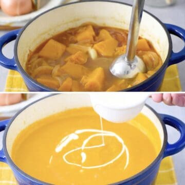 Batidora de mano mezclado crema de zapallo en una olla grande hasta obtener una mezcla suave y posteriormente agregando un poco de crema de leche.