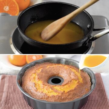 Budín de mandarina recién salido del horno con almíbar de mandarina. 