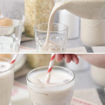 avena fría con hielo en un vaso de vidrio.