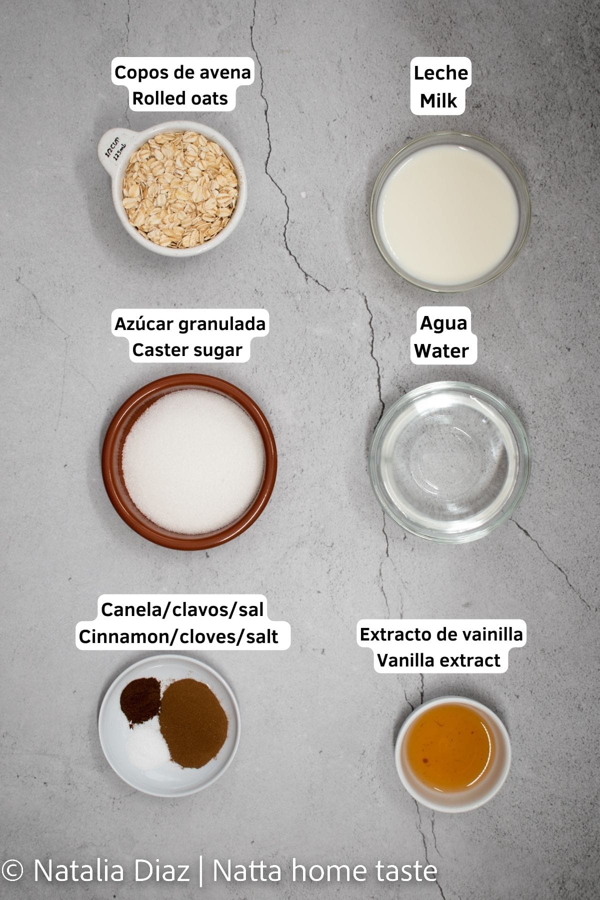 ingredientes para preparar una bebida licuada. copos de avena, leche, agua, azúcar, canela, extracto de vainilla