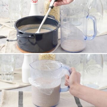 mezcla de oatmeal cocida siendo transferida de una olla a una jarra  transparente.