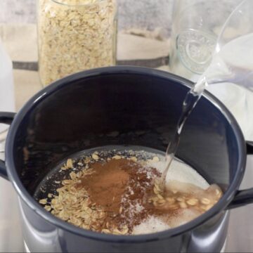 olla mediana con avena en hojuelas, azúcar, canela en polvo y agua.