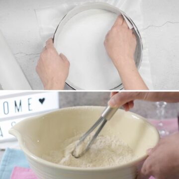 Molde redondo con papel pergamino. tazón de cerámica con harina de trigo.