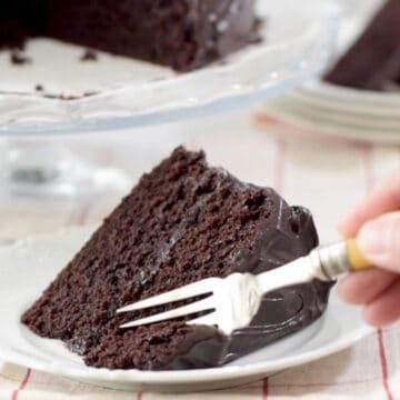 Porción de torta de chocolate servida en un plato pequeño blanco con un tenedor.