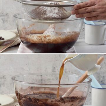 tazón transparente con ingredientes secos y húmedos para preparar una torta.