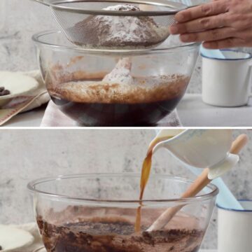 tazón transparente con ingredientes secos y húmedos para preparar una torta.