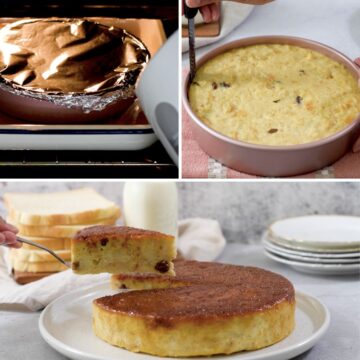 molde redondo en el horno con un budín de pan horneándose al baño Maria y cubierto con papel de aluminio.