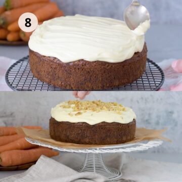 carrot cake sin gluten redondo con glaseado de queso crema sobre una rejilla