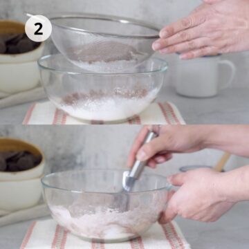 tazones de vidrio con mezcla de harina de arroz, harina de yuca ny cocoa