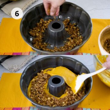 mezcla de Torta de calabaza y nueces siendo incorporada en un molde redondo previamente engrasado