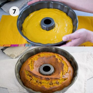 bizcocho de auyama o zapallo en un molde redondo antes y después de llevar al horno